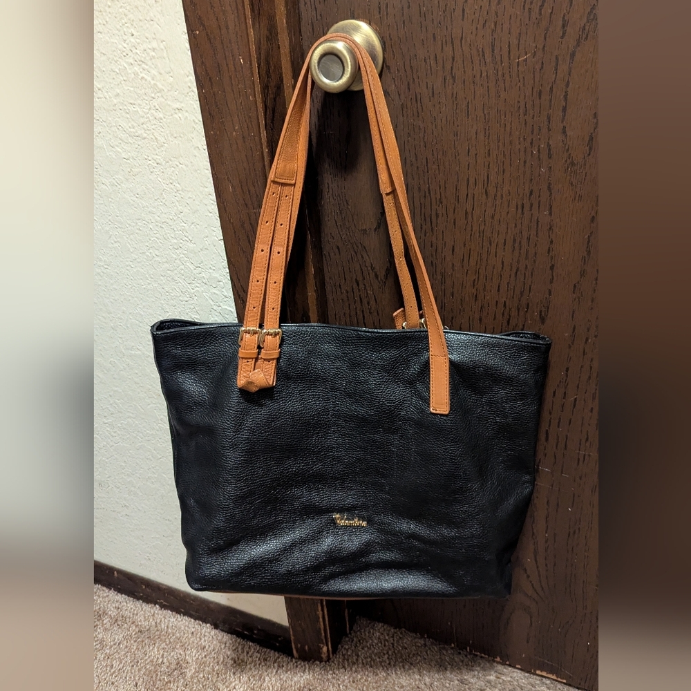 Valentina Black  Tote Bag with Tan Straps